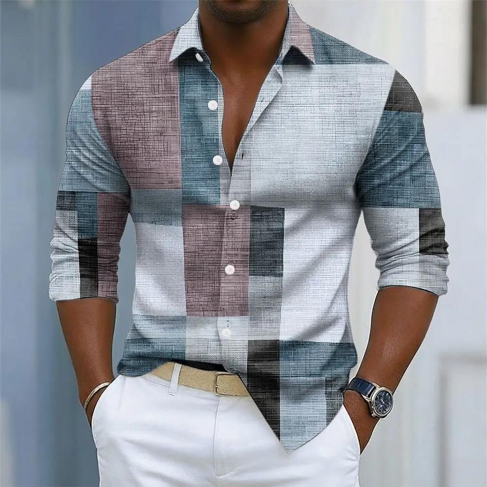 Chemise à manches longues à imprimé rétro à carreaux pour hommes, devant boutonné pour un usage quot