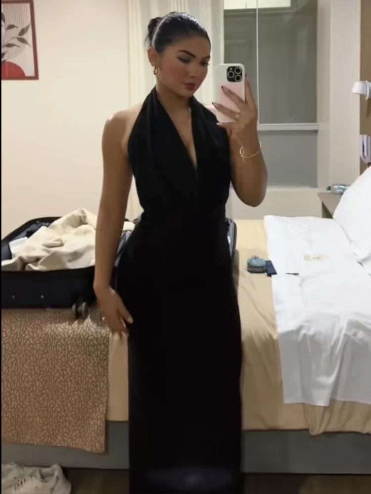 Robe Sexy à Col Halter Plongeant et Drapé, Dos Nu, Sans Manches, Coupe Ajustée, Robe de Soirée Pliss