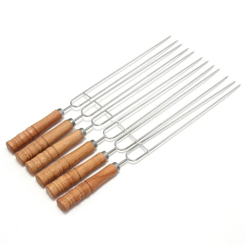 Brochettes de barbecue en fil d'acier inoxydable, manche en bois, bâtons de rôtissage pour gril, Cam