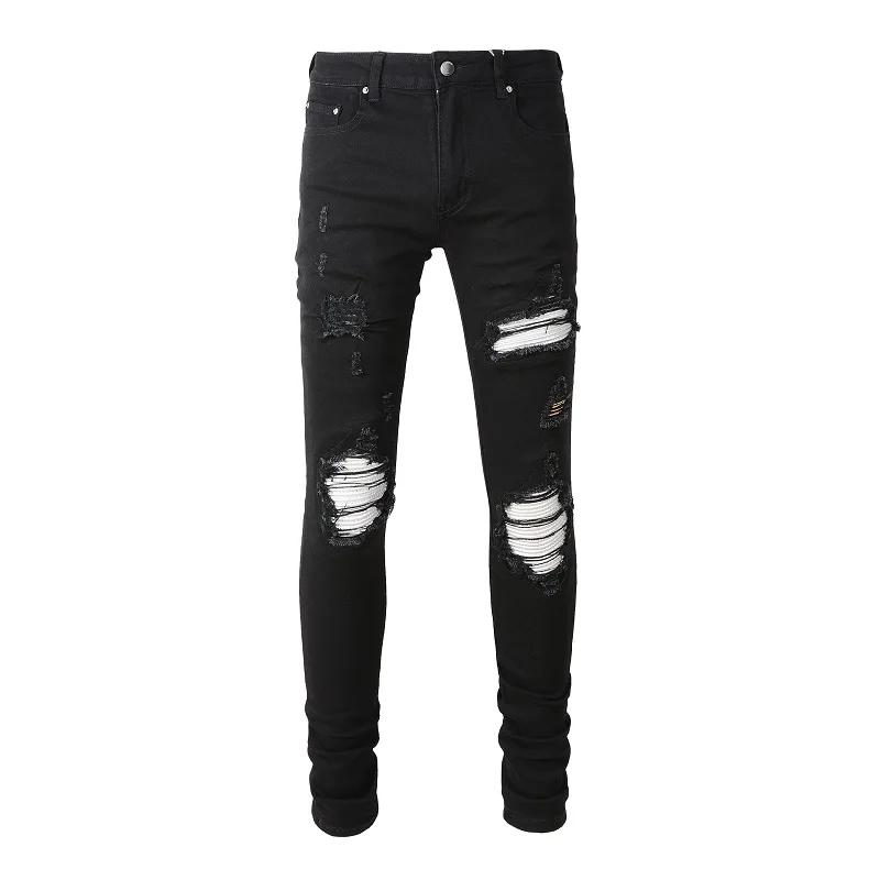 Jean de motard en cuir fissuré pour homme, pantalon en Denim Stretch, effilé, déchiré, Patchwork noi