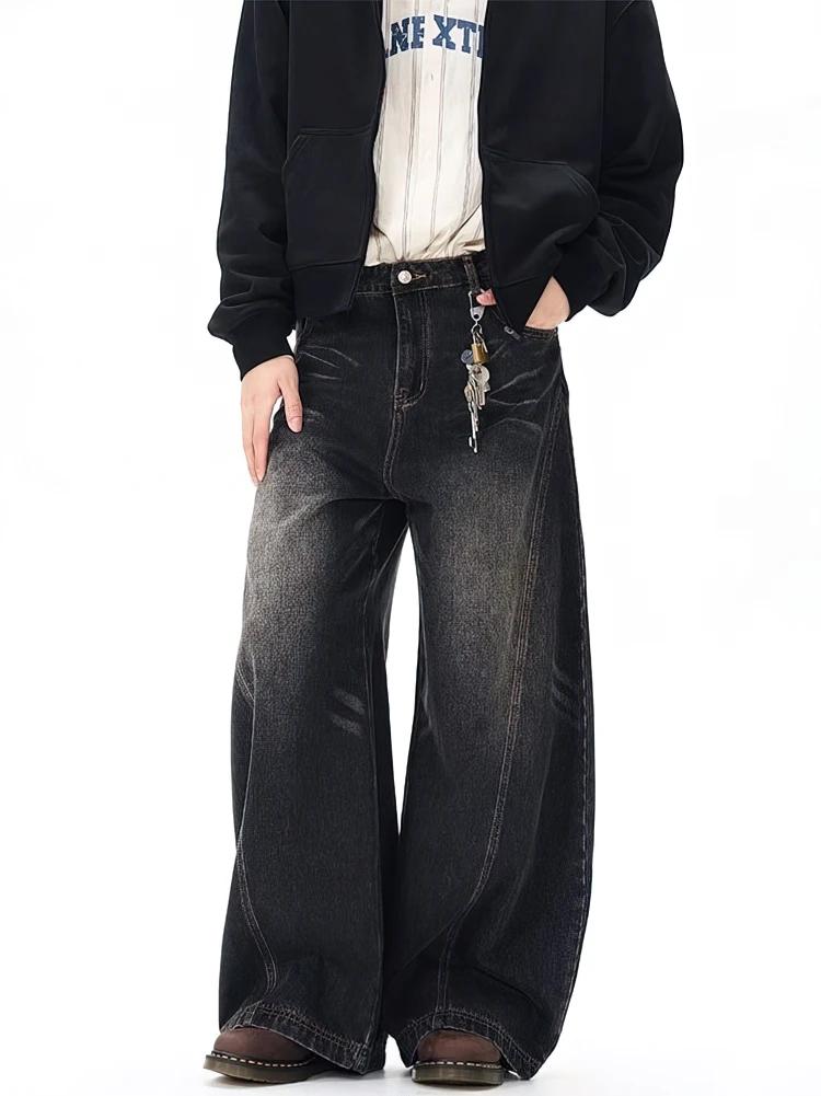 Vintage noir lavé Baggy jean pantalon hommes jambe large lame incurvée pantalon Streetwear Cowboy dé