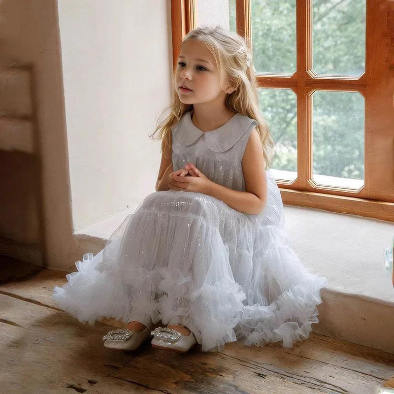 Robe d'été UNITIM pour fille, col Peter Pan, en maille scintillante, robe de princesse pour fête d'a