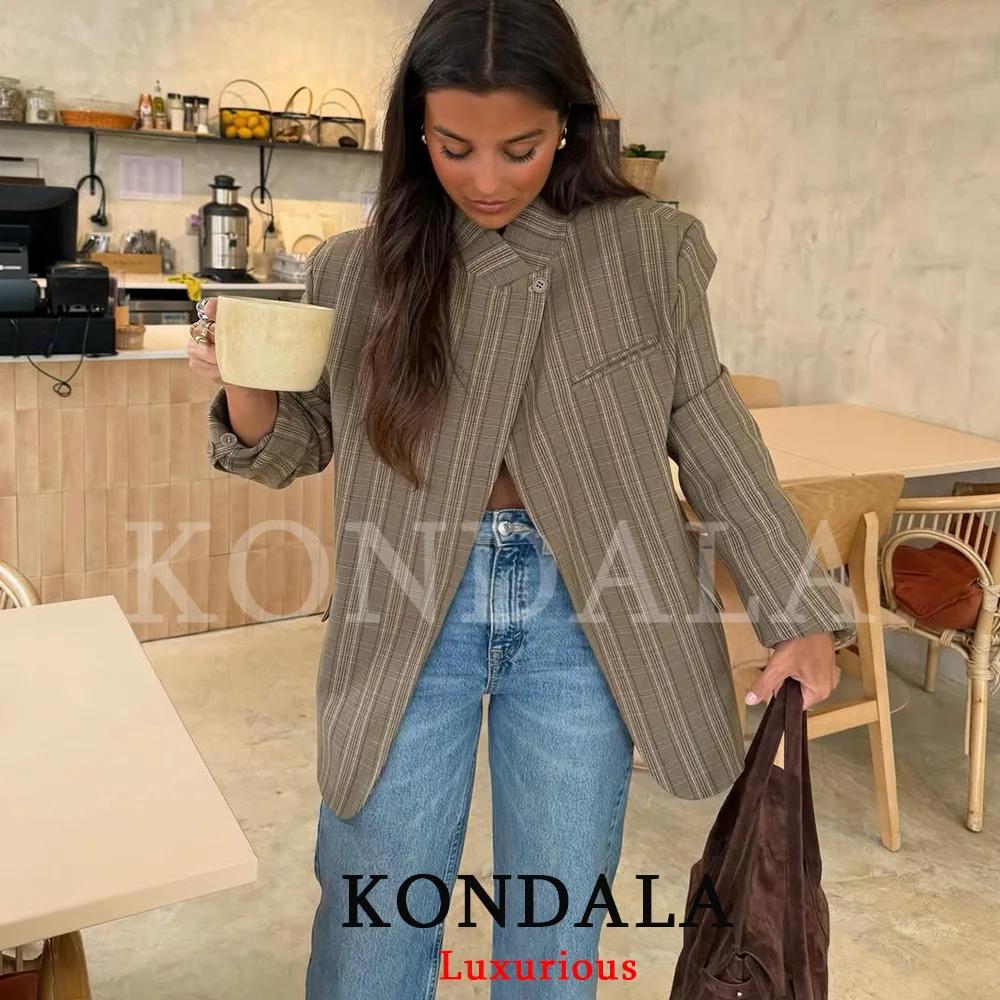 KONDALA Blazer Chic à Carreaux pour Femme, Coupe Oversize, Bouton Unique, Fente Avant, Tendance Prin