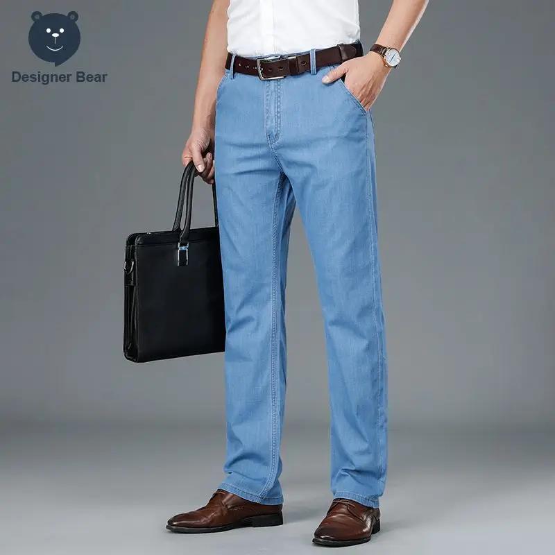 Jean Homme Été Fin en Coton Extensible Coupe Droite Décontracté Business avec Boutons et Poches