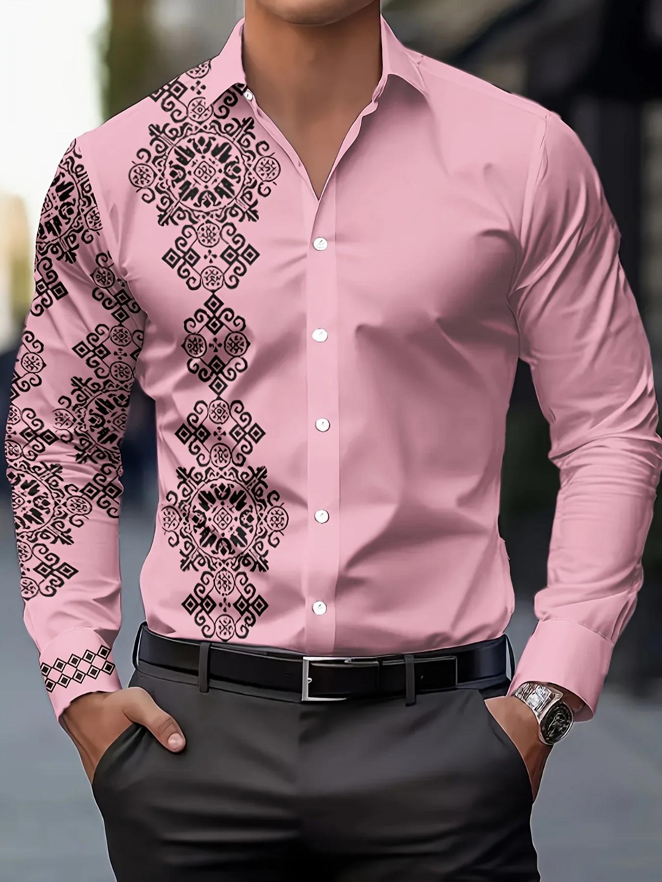 Chemise à manches longues pour hommes, imprimé géométrique, en Polyester respirant, décontracté, rev
