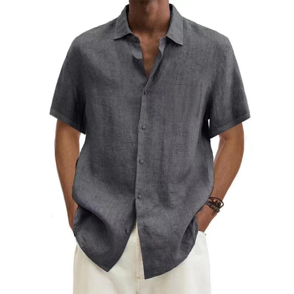 Chemises à manches courtes pour hommes, en coton et lin, couleur unie, col rabattu, décontracté, Sty