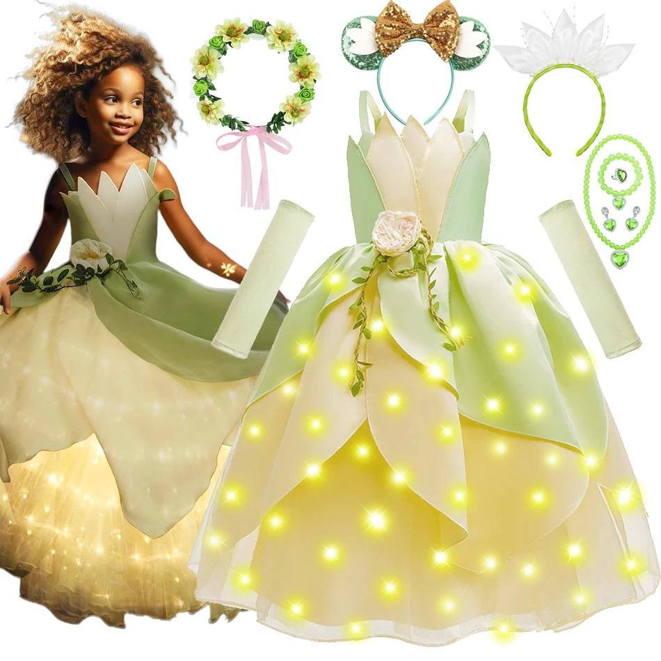Costume princesse Tiana LED floral - Robe Cosplay Halloween Noël pour filles 2-11 ans