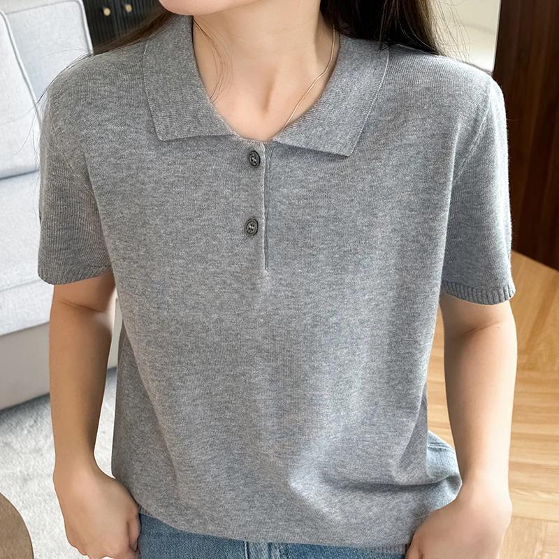 100% coton T-shirt pull femmes été col rond manches courtes tricot pull t-shirts décontracté bas por