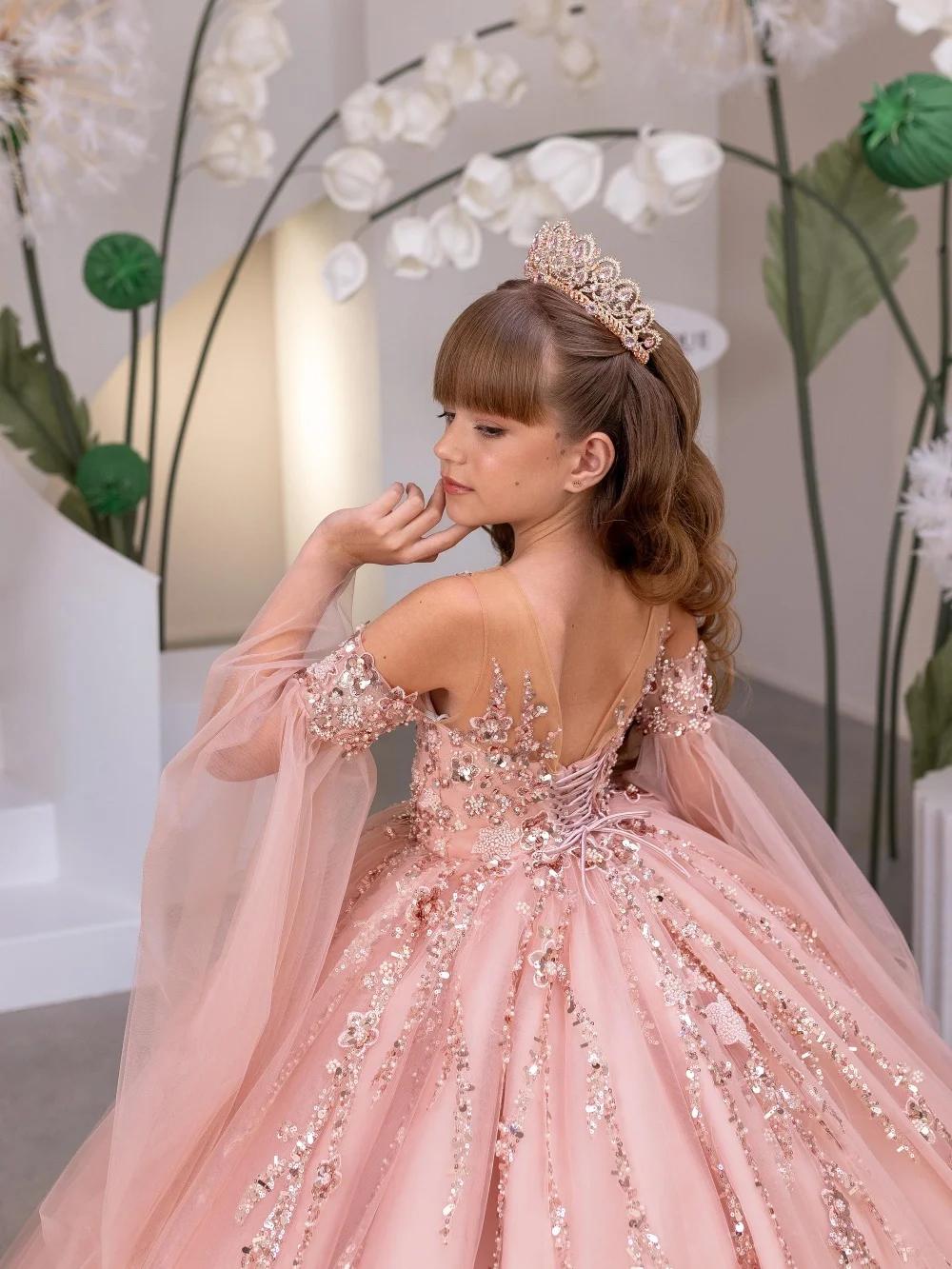 Robes de demoiselles d'honneur roses pour mariage, robe de princesse luxueuse et bouffante à épaules