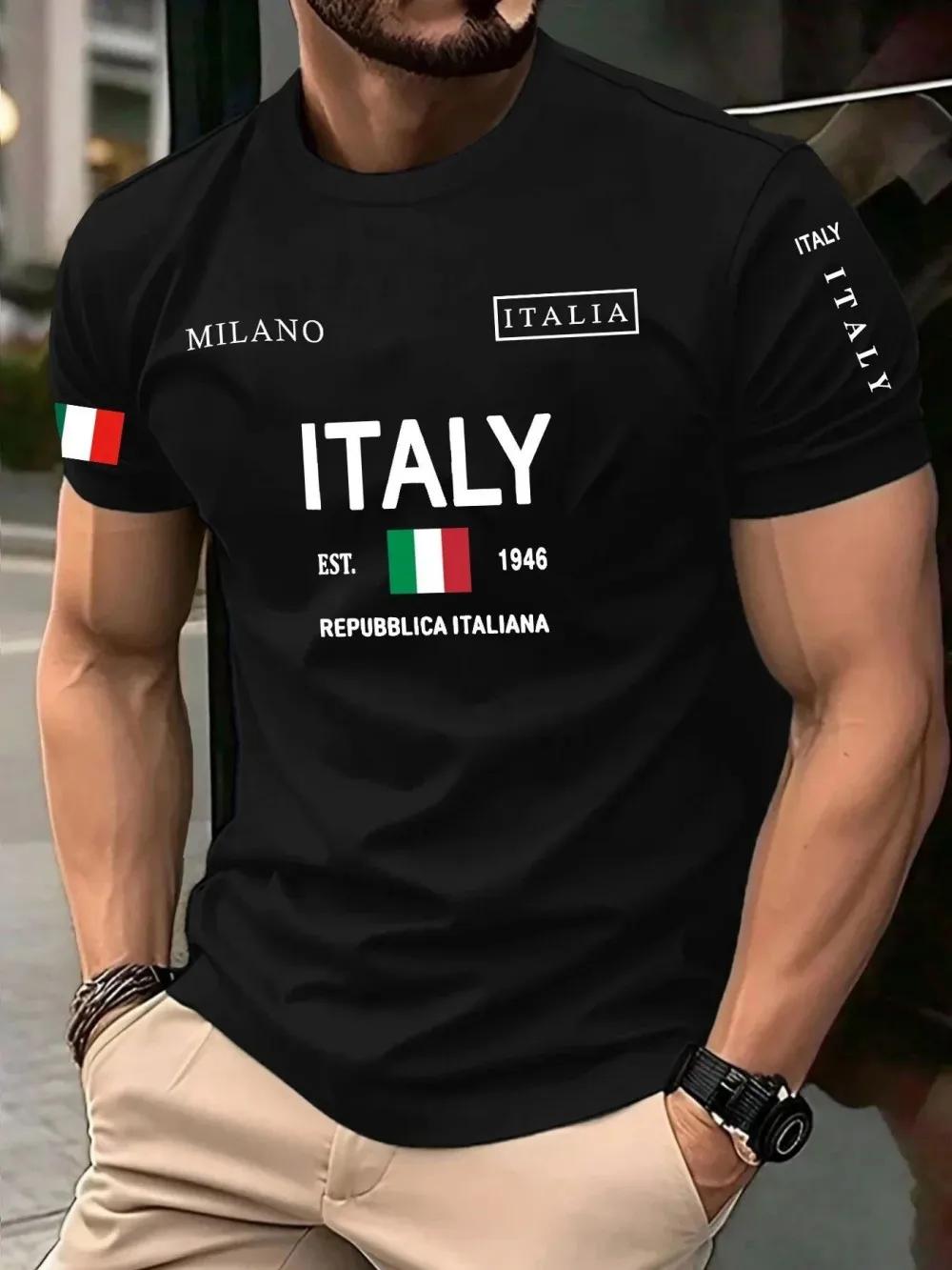 T-shirt d'été pour hommes européens et américains, imprimé lettres Milan, doux et respirant, col ron