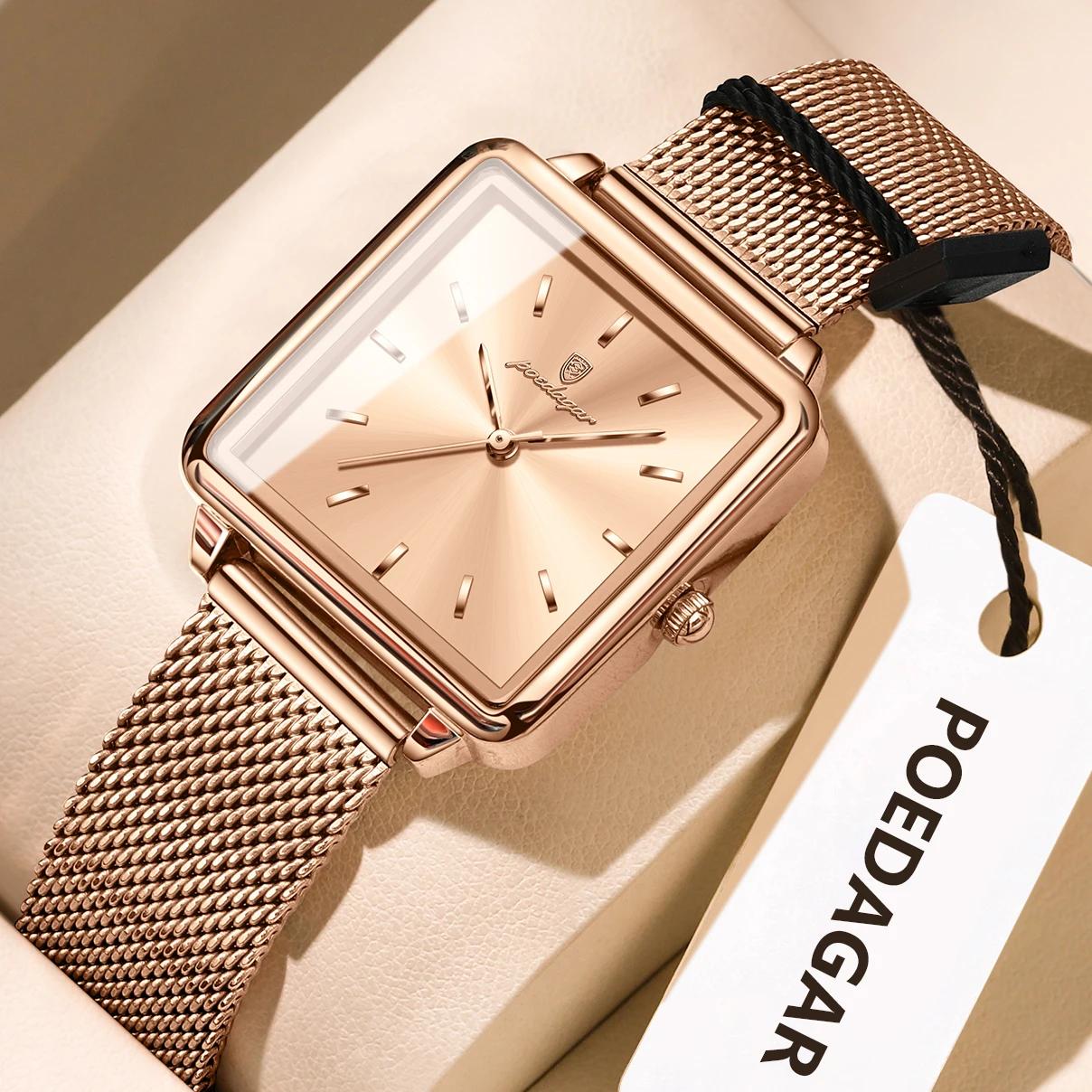 POEDAGAR carré mode dames montre étanche en acier inoxydable maille montre pour femme élégante femme