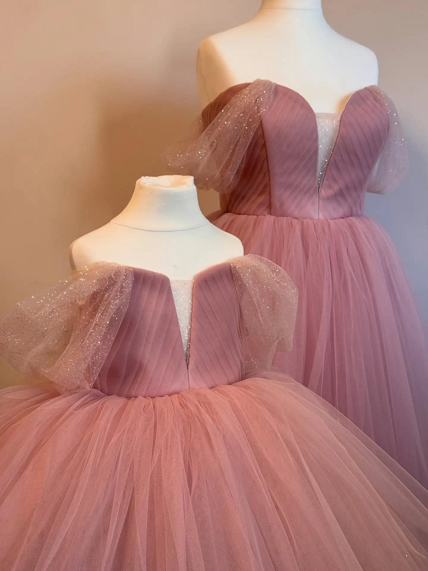Robes trapèze en Tulle à volants rose poussiéreux, pour mère et fille, tenue de fête d'anniversaire,