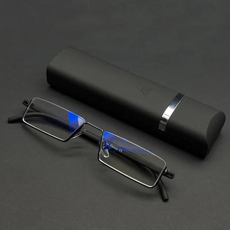 Lunettes de Lecture Anti-Lumière Bleue en Métal pour Homme, Demi-Monture, avec Étui, + 1.0 1.5 2.0 2