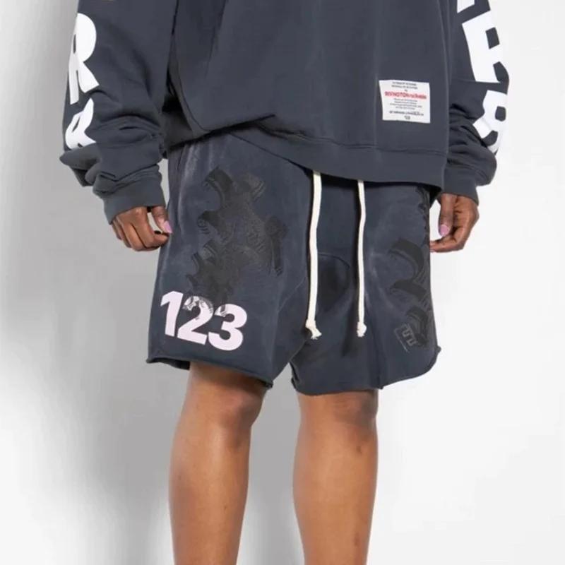 Shorts amples vintage délavés imprimés 123 pour hommes, streetwear, en coton, shorts de sport
