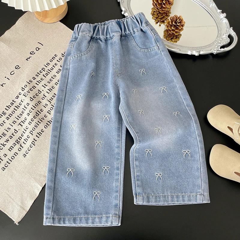 Pantalons en jean à jambes larges brodés avec un nœud pour filles