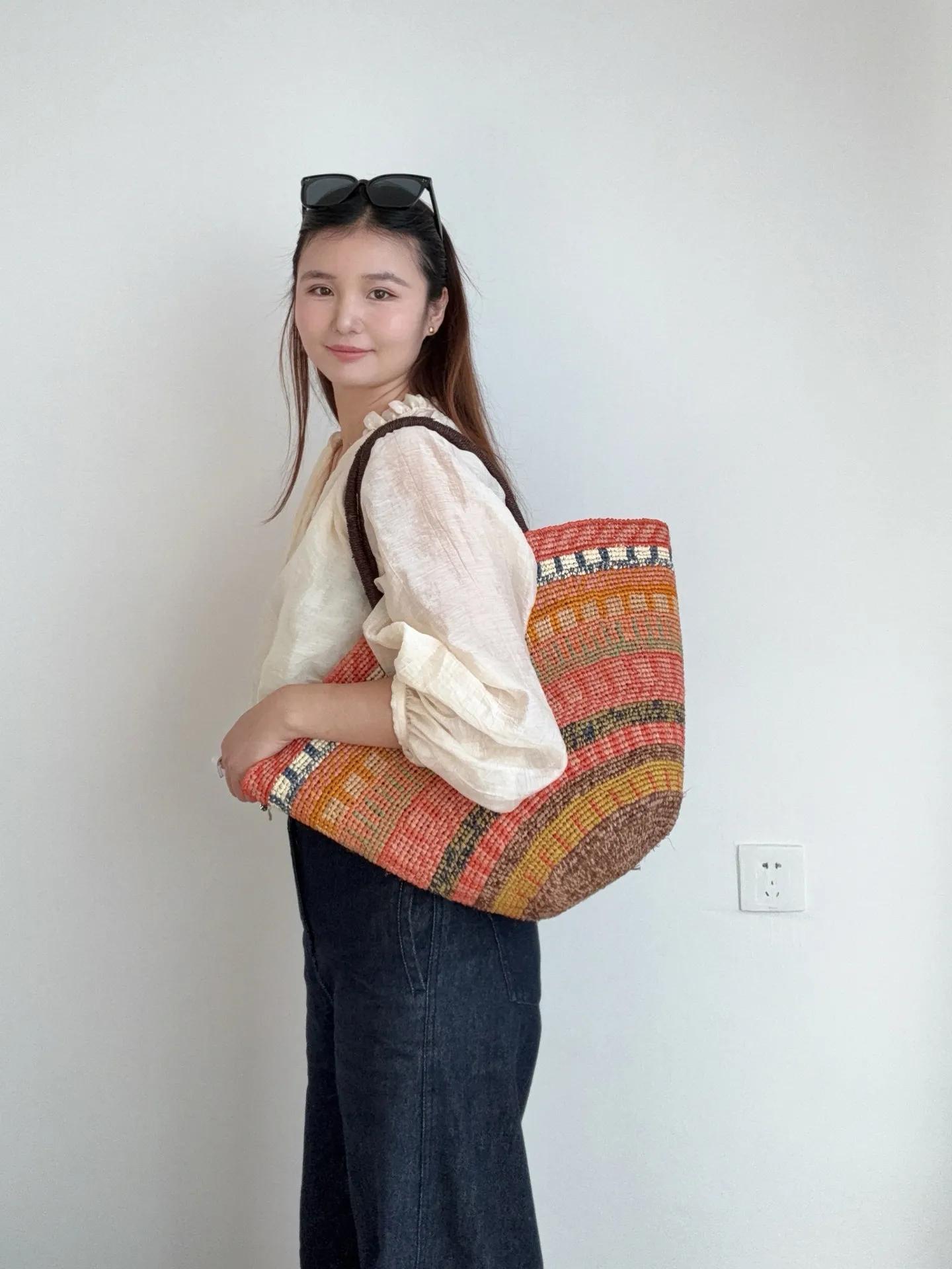 Sac à bandoulière en raphia coloré pour femme, sacs à main de luxe de créateur, grand sac fait main,