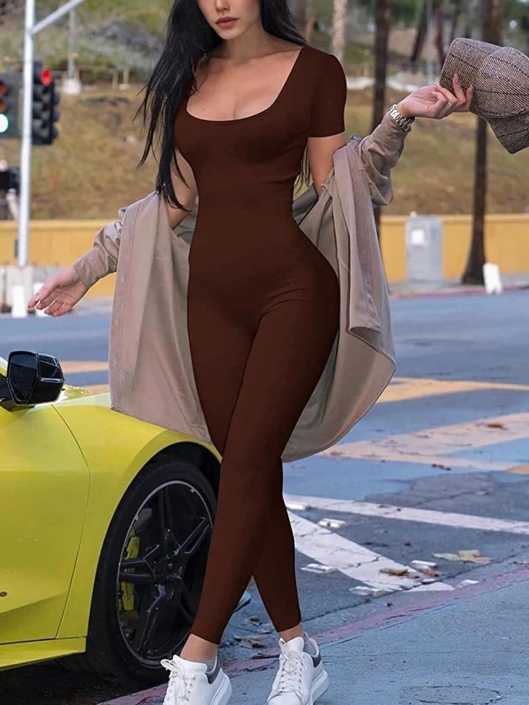 Barboteuse à manches courtes pour femmes, couleur unie, slim, batterie con, combinaisons, sport, fit