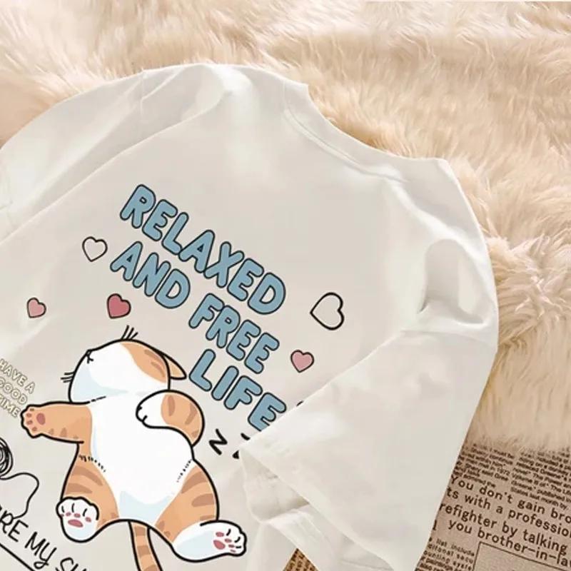 T-shirt à manches courtes pour Couple, ample et décontracté, avec lettres imprimées de chat paresseu
