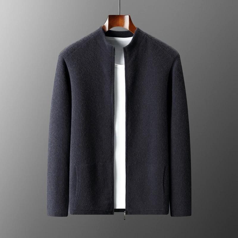 Cardigan en cachemire pur pour hommes, col mi-haut, fermeture éclair, pull décontracté, tempérament,