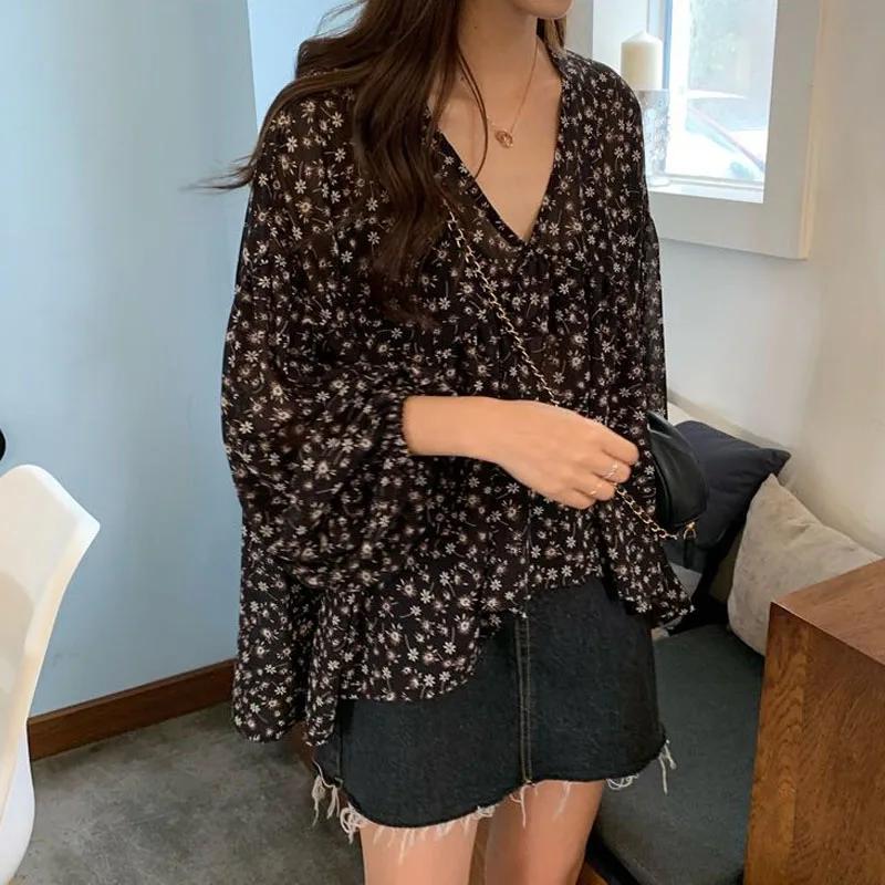 Col en v en mousseline de soie chemise femmes doux hauts Blouse 2025 printemps coréen imprimé fleuri