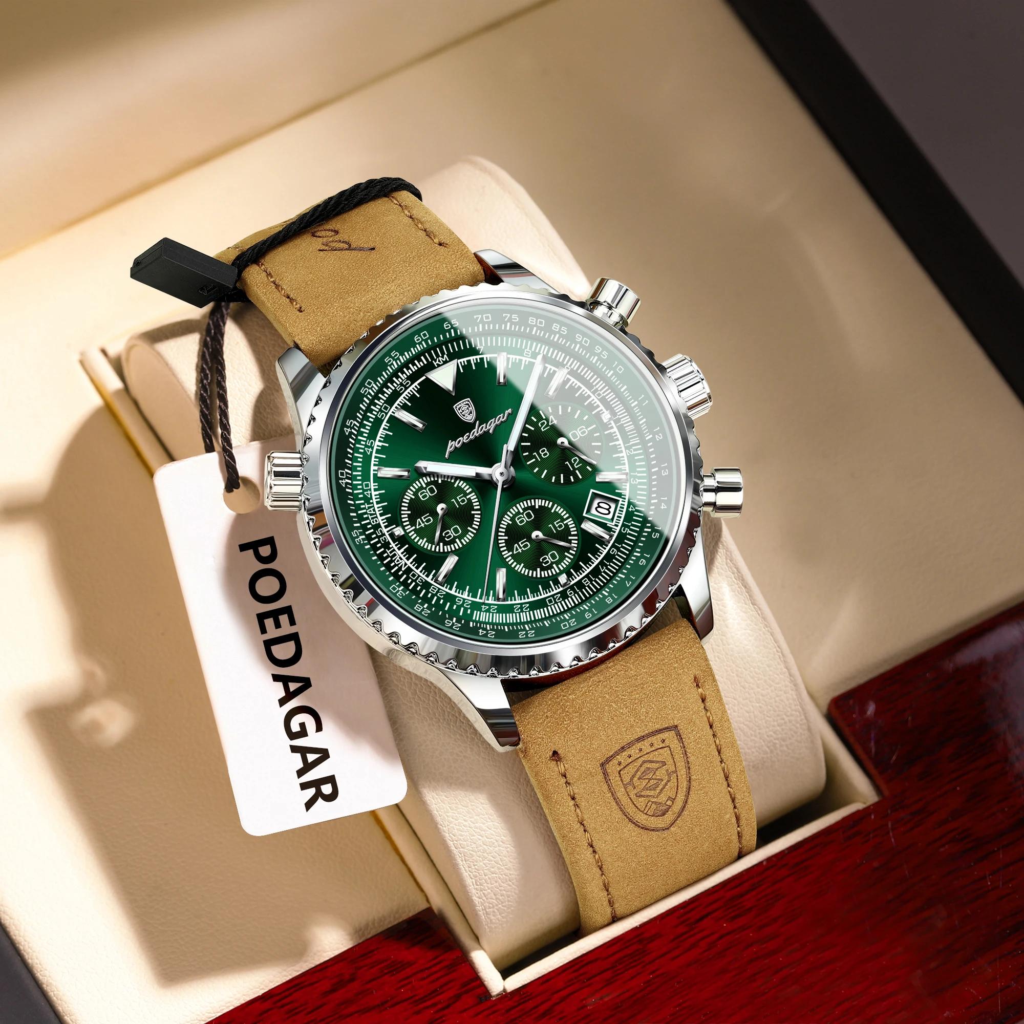 POEDAGAR montre pour hommes d'affaires de luxe étanche lumineux Date chronographe en cuir homme horl