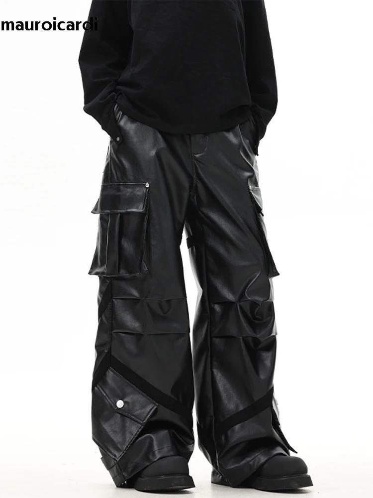 Mauroicardi-Pantalon Cargo en Cuir PU pour Homme, Baggy Noir, Jambes Larges, Poches Tridimensionnell