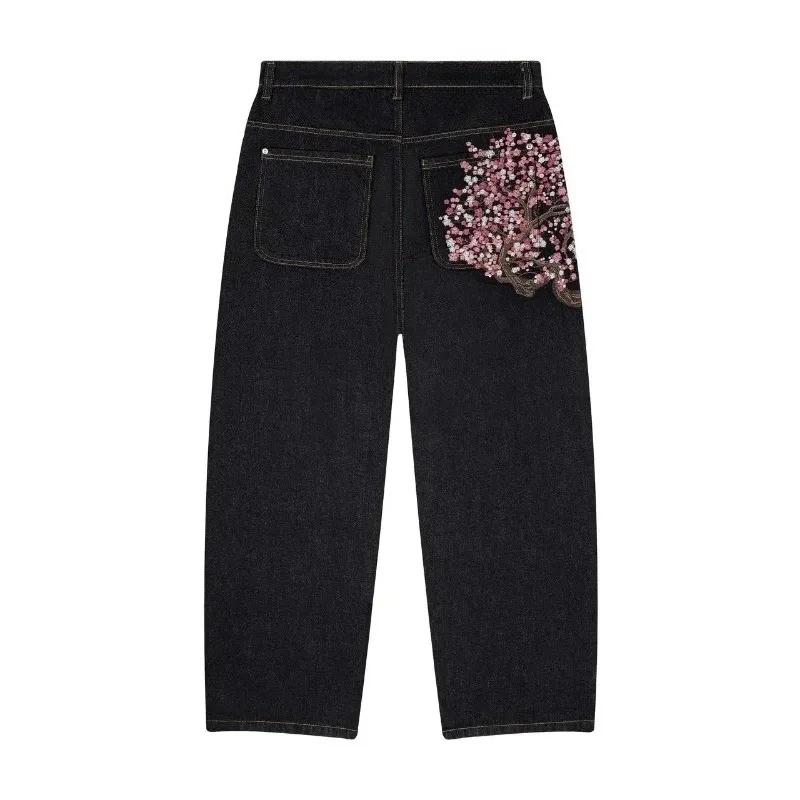 Y2K Baggy jeans fleur de cerisier lisière broderie Denim pantalon hommes femmes denim tissu américai