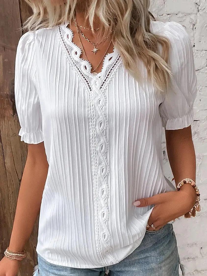 Chemisier élégant à manches courtes pour femme, chemise col en V, patchwork de dentelle, été