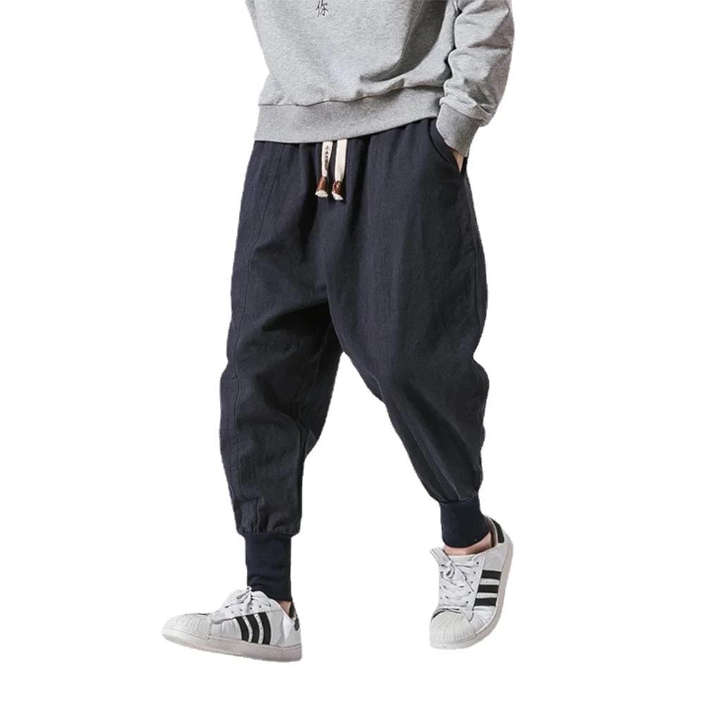 Pantalon sarouel en coton et lin pour hommes, couleur unie, taille élastique, Streetwear, jogging, B