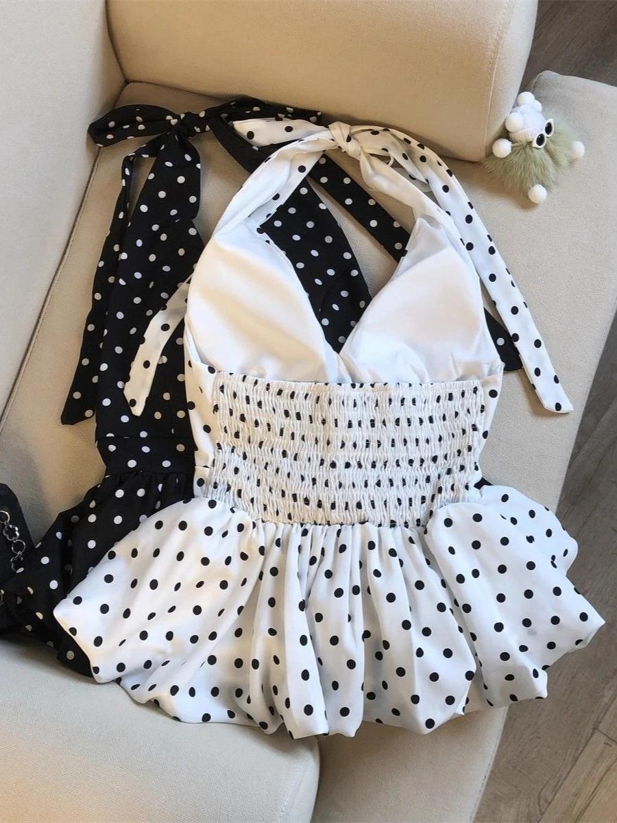 Nouveau débardeur court sexy dos nu pour femme, style babydoll de plage, à pois, col en V, sans manc
