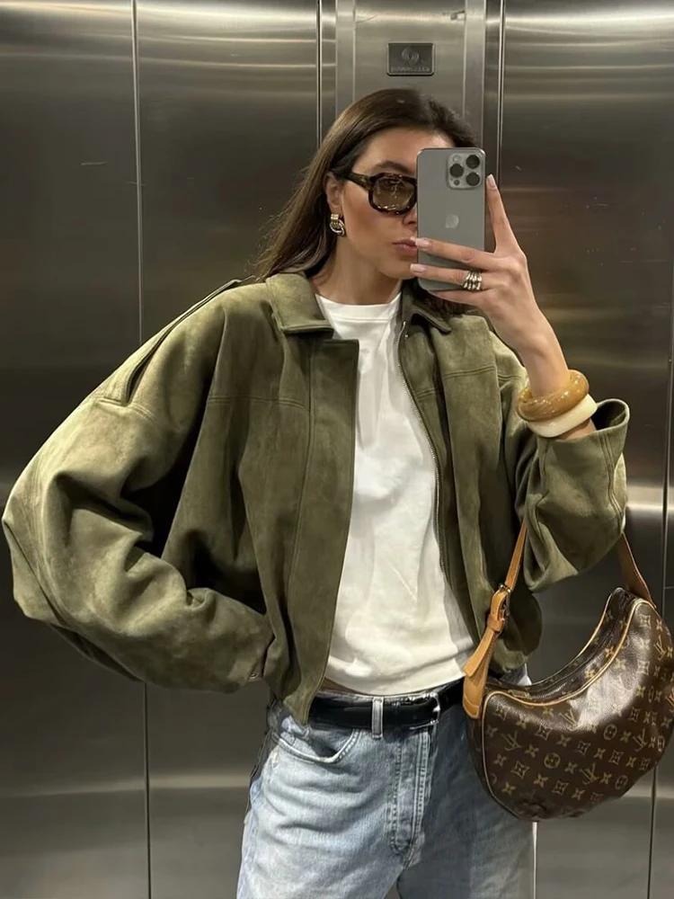 Veste en daim vert pour femmes, nouvelle mode printemps 2026, manches longues, fermeture éclair, sur