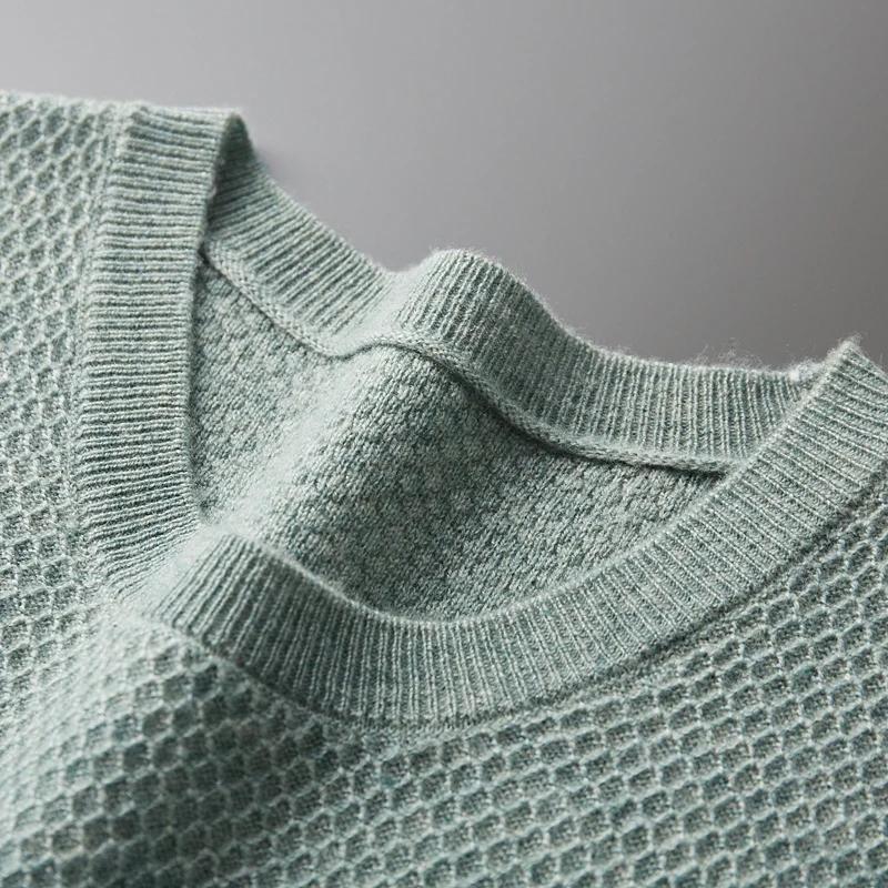 T-Shirt tricoté en laine mérinos pour hommes, col rond, aiguille en nid d'abeille, gilet à manches c