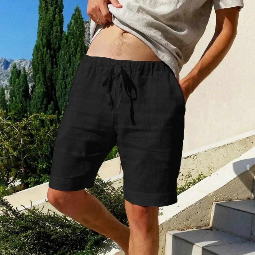 Short en coton et lin respirant pour homme, pantalon de plage hawaïen, solide, document fjadt, stree