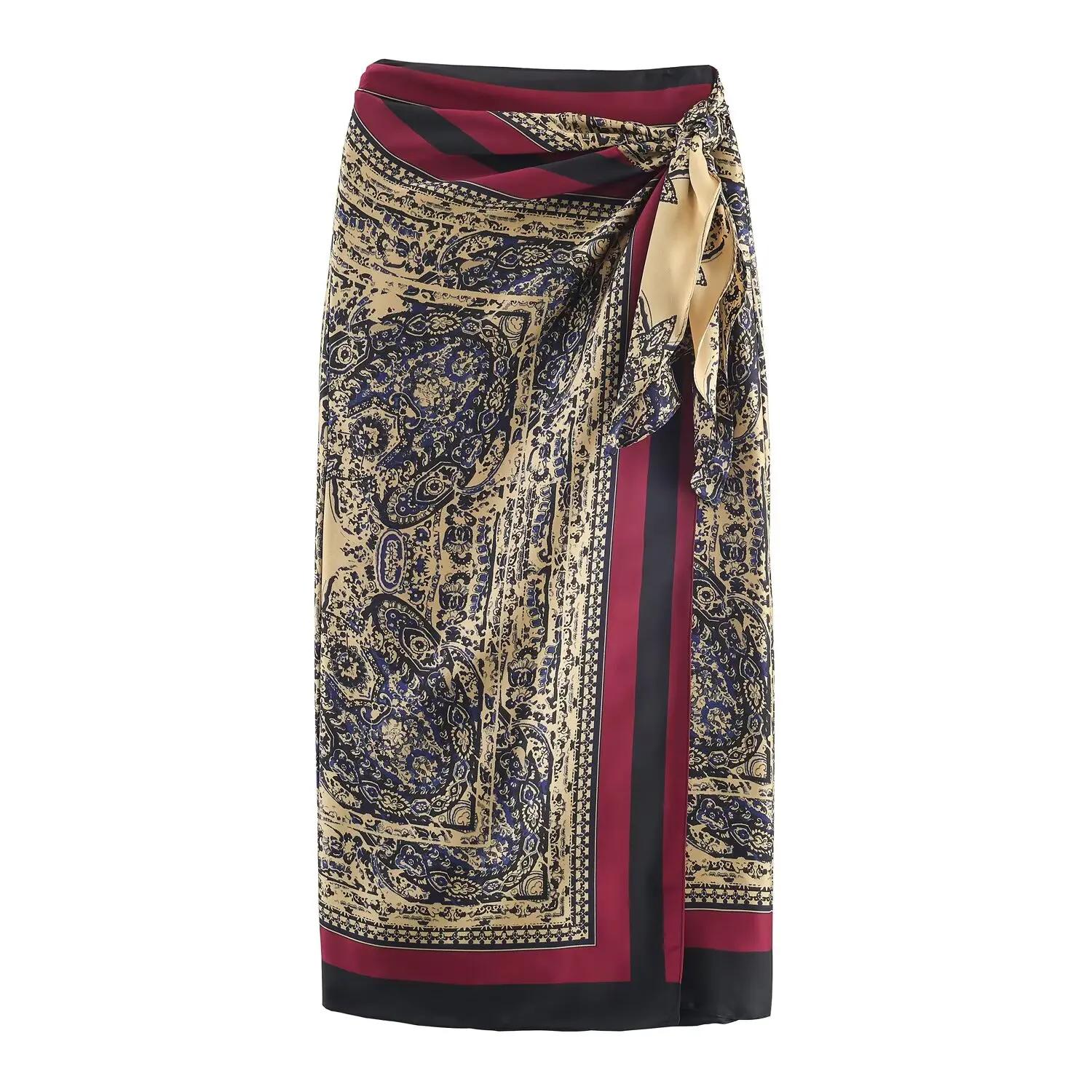 Demi-jupe imprimée Paisley rétro pour femmes, enveloppée dans une écharpe à bretelles avec taille ha