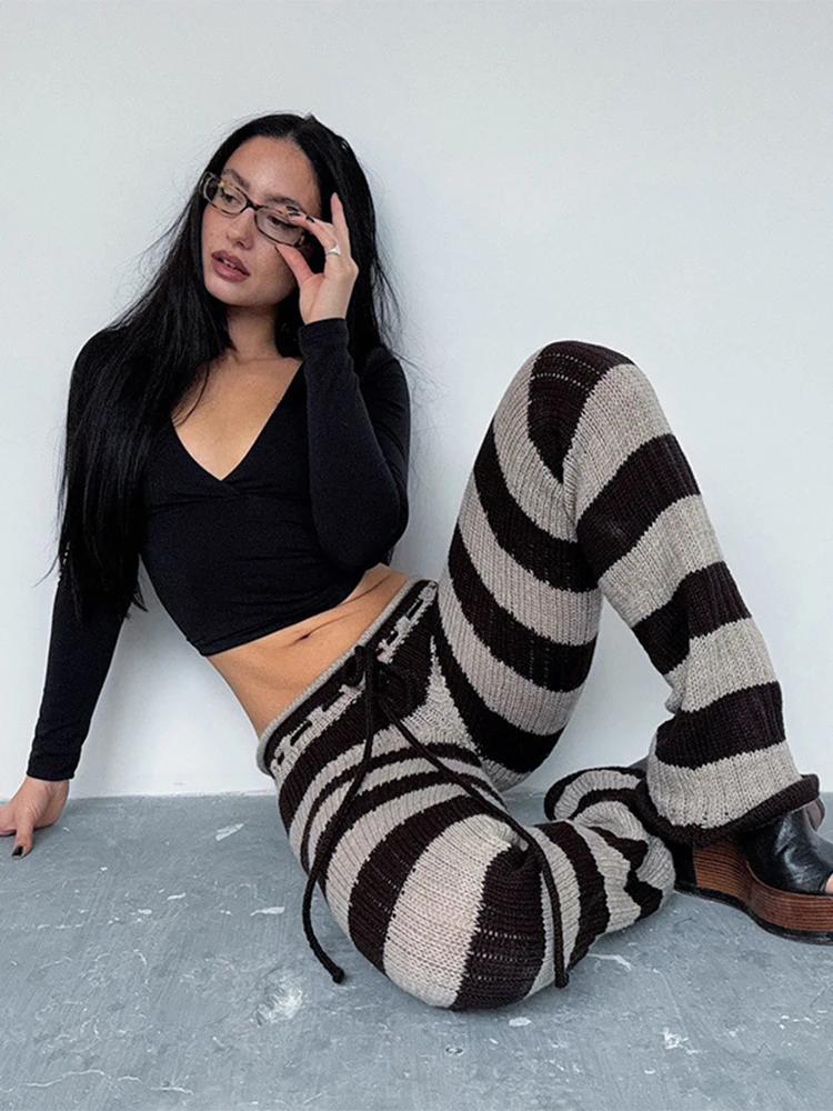 Kliou rayure Patchwork pantalons longs femme automne tendance Crochet froncé élastique taille haute 