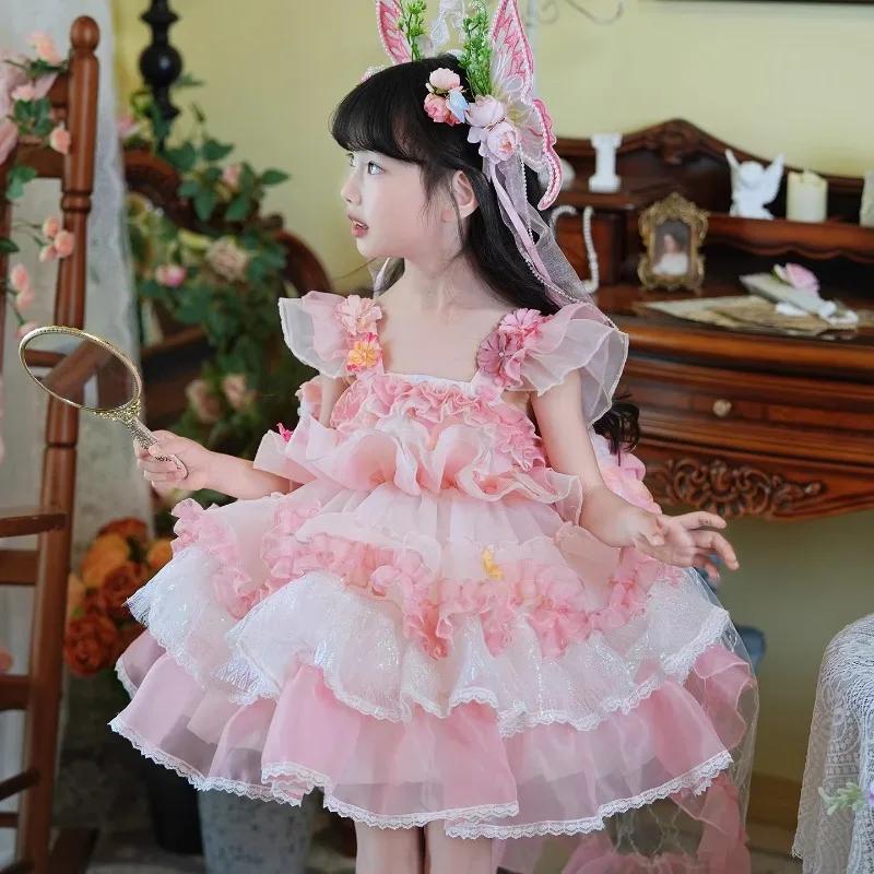 Robe de princesse Lolita originale pour filles, robe rose à fleurs pour anniversaire, mariage, fête,