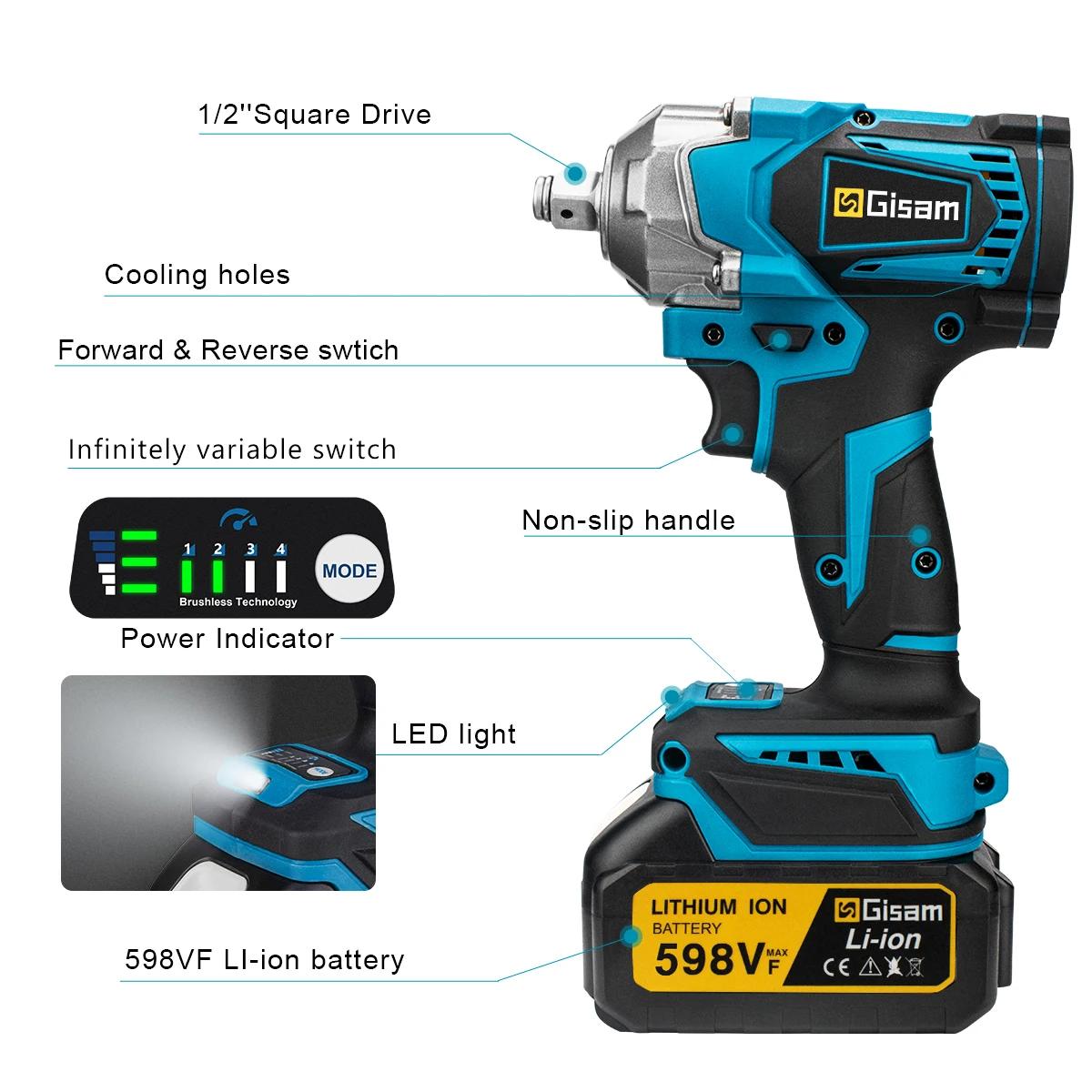 Gismis 1200NM clé à chocs électrique sans brosse clé Rechargeable 1/2 "pneus de voiture outils élect