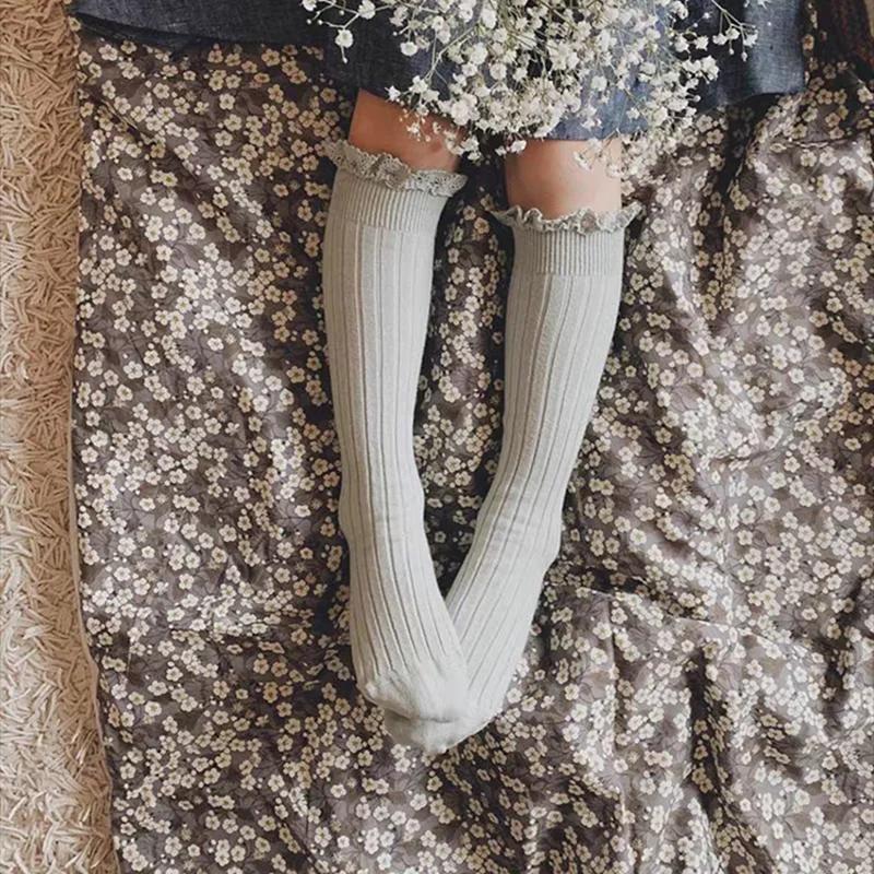 Chaussettes hautes à volants pour enfants, chaussettes longues en coton doux pour tout-petits, unifo
