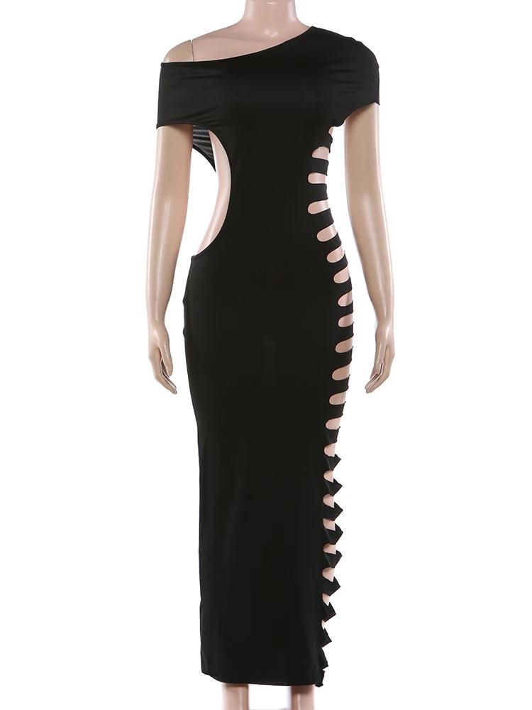 Robe longue sexy Kliou à découpes, col asymétrique, épaules dénudées, taille haute, moulante, pour s