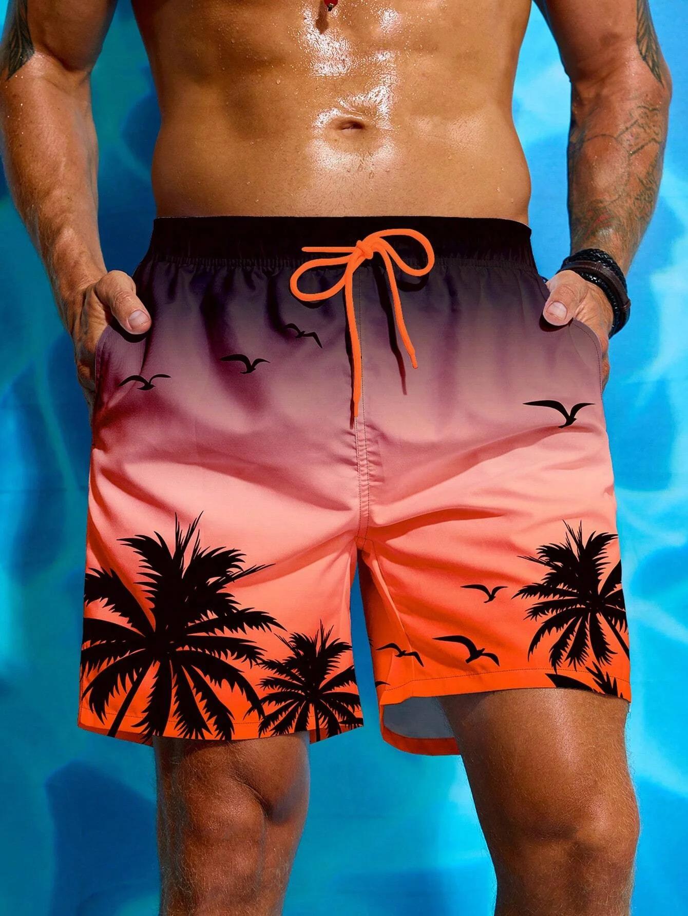 Short de bain respirant avec imprimé palmier pour hommes, short de planche à la taille, maillot de b