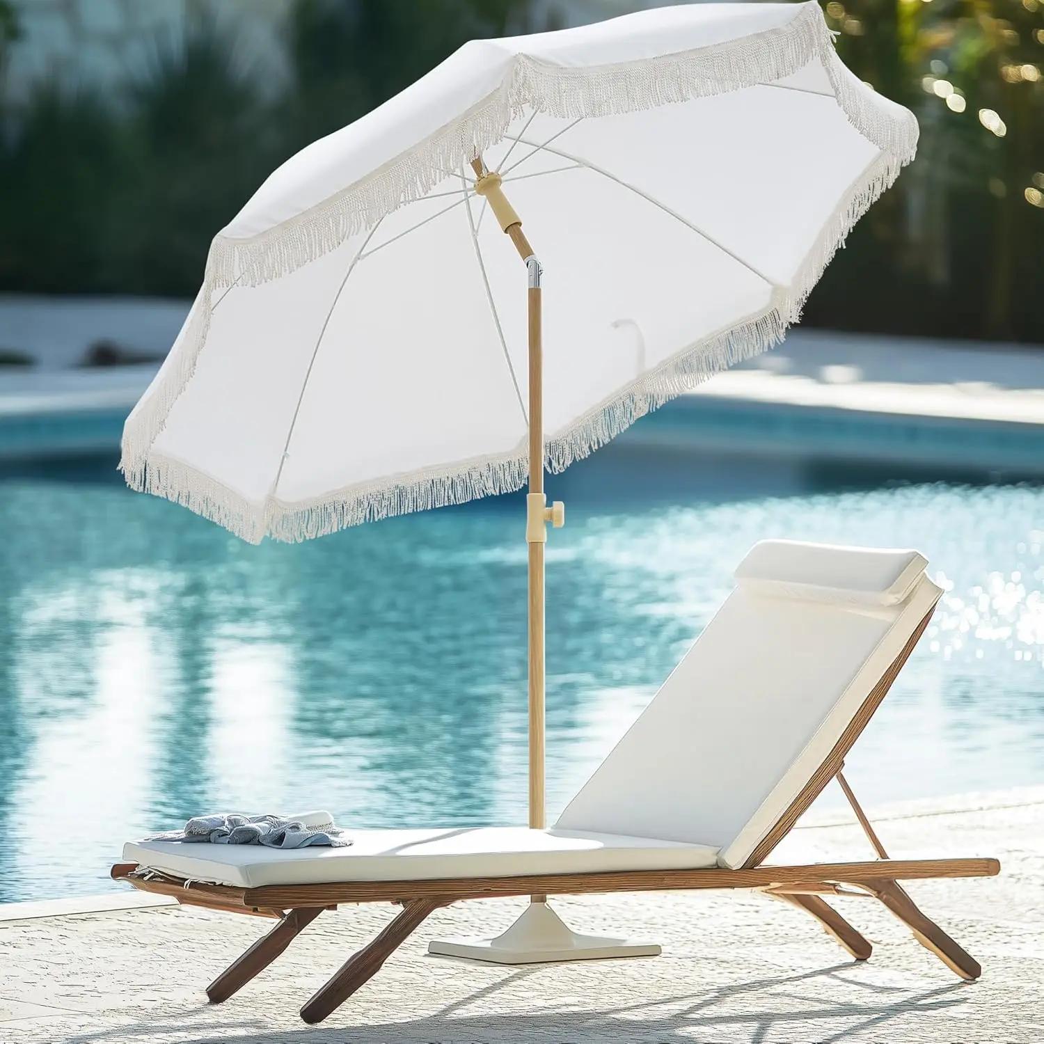 Parasol Bohème de 6,5 pieds avec franges, protection UPF50+, design inclinable pour la plage et les 