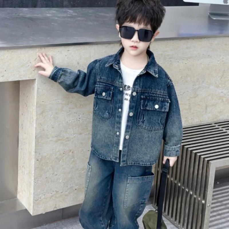 Ensemble en jean pour garçons, 2 pièces, vêtements pour enfants, veste en coton tendance, pantalon, 