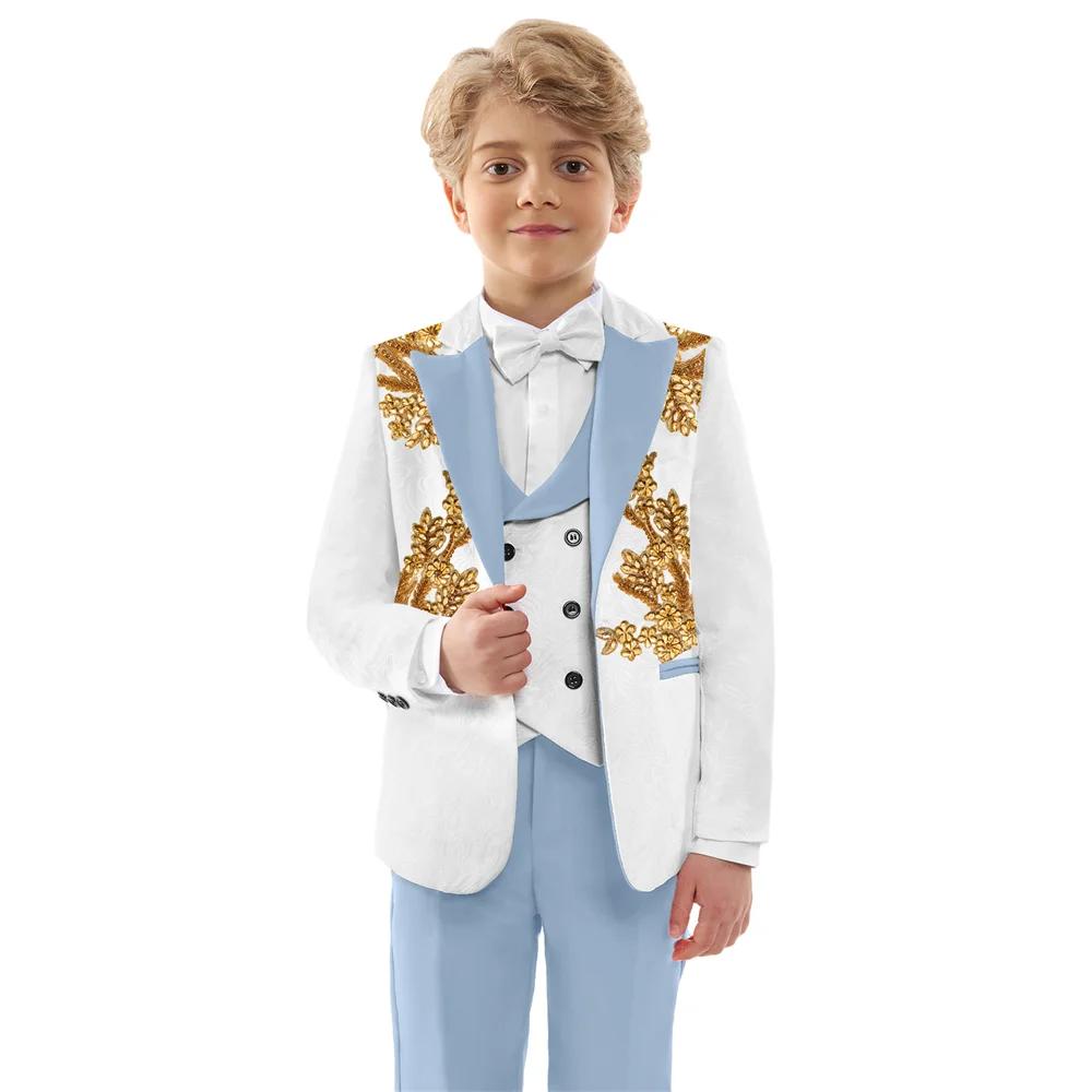 Costumes Jacquard pour garçons, 4 pièces, tenue porteur d'anneau de mariage, ensemble de costume exq