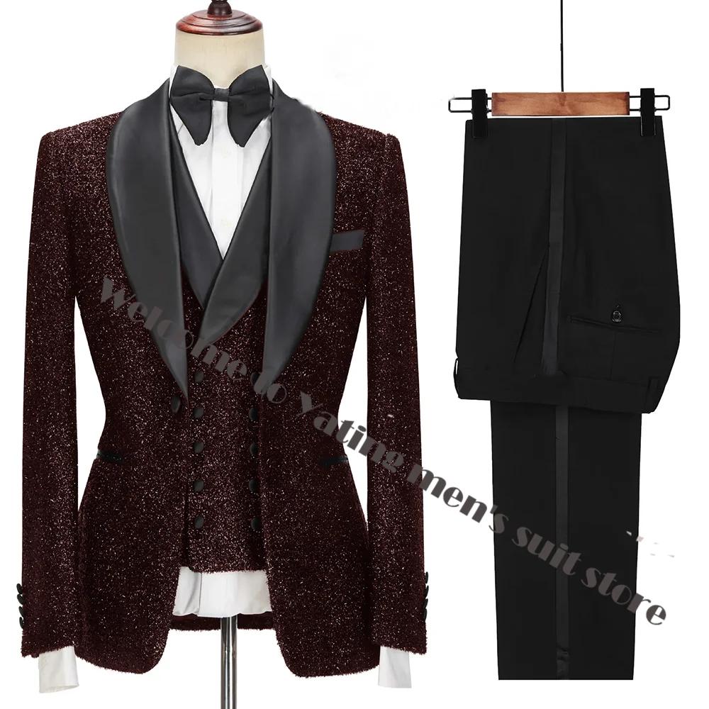 Dernières conceptions de manteau et de pantalon pour hommes, costumes noirs brillants à la mode pour