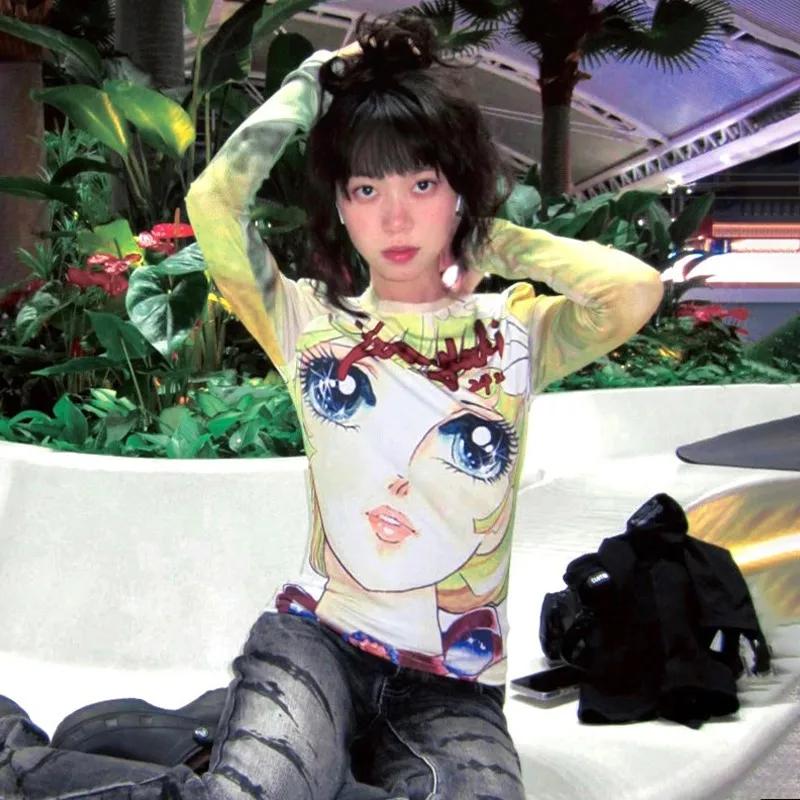 Karrram japonais Y2k Anime imprimé T-shirt 2000s esthétique à manches longues T-shirt Vintage Haraju