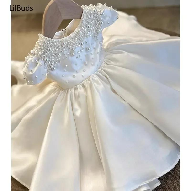 Robe en satin blanc faite à la main pour bébé fille, élégante et mignonne, pour fêtes, mariages, vêt