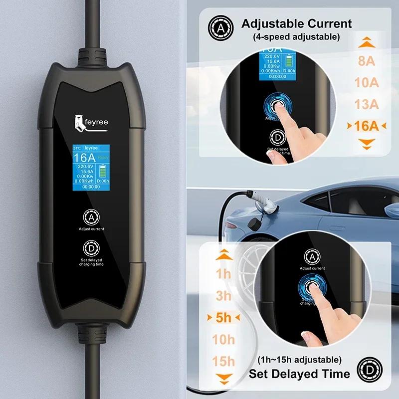 Feyree EV chargeur Portable Type2/GB/T connecteur 16A 1 Phase 3.5KW Type1 3.5m Station de recharge m