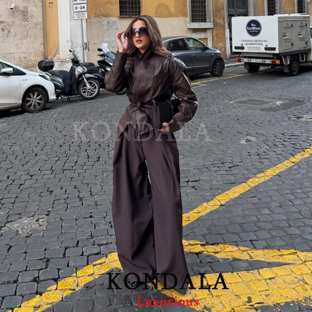 KONDALA décontracté Chic pantalon à jambes larges femmes bureau dame poches plissé pantalons longs m