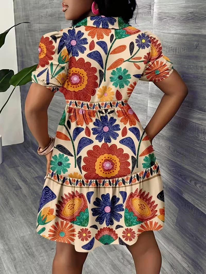 Robe chemise d'été pour femme 2026 à imprimé floral, manches bouffantes, ourlet à volants, coupe tra