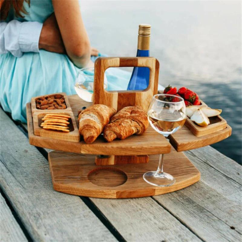 Table de pique-nique pliante en bois avec porte-verre, bureau rond pliable, porte-verre à vin, table